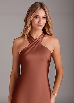 Azazie Doretta Bridesmaid Dresses Clay Mermaid Pleated Stretch Satin Dress image5