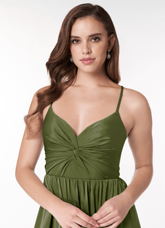 Azazie Raya Bridesmaid Dresses Olive A-Line V-Neck Pleated Stretch Satin Dress image5