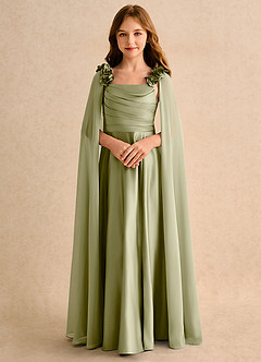 Azazie Rosita Girls Formal Robe Demoiselle D'honneur Fillette Robe Trapèze en Mat Satiné Plissée Vert Mousse image5
