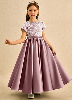 Azazie Cashew Jurken voor bloemenmeisjes Baljurk Jurk van Mat Satijn met Mouwen Stoffige Roos image4