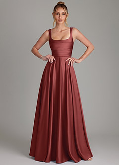 Azazie Azaria Robes de demoiselle d'honneur Robe Trapèze en Satin extensible Corset Terracotta image1