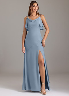 Azazie Darcia At-home Try On Dresses Dusty Blue A-Line Side Slit Chiffon Dress image1
