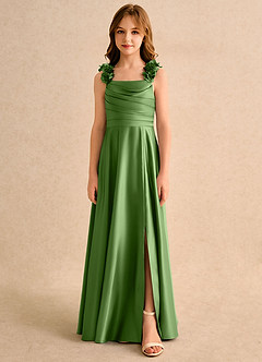 Azazie Rosita Girls Formal Robe Demoiselle D'honneur Fillette Robe Trapèze en Mat Satiné Plissée Basilic image3
