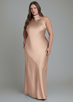 Azazie Velli Vestidos de damas de honor Vestido Gris Pardo de Satén Metálico de Corte Recto con Cuello alto image1