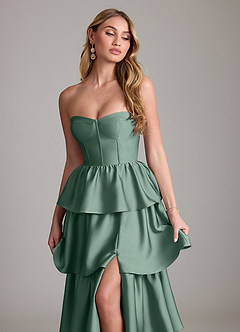 Azazie Faye Bridesmaid Dresses Eucalyptus A-Line Ruched Stretch Satin Dress image5