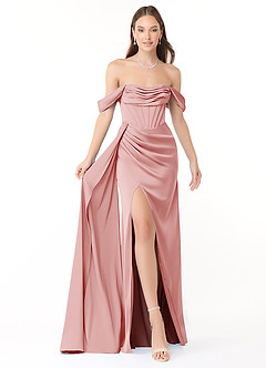 Azazie Amyra Jurken voor bruidsmeisjes Converteerbaar Jurk van Stretch Satijn met Zeemeermin Off the Shoulder Poederroze image1