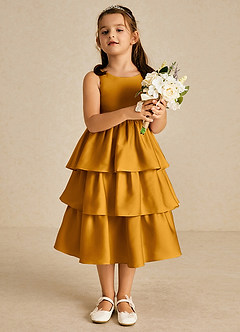 Azazie Margery Flower Girl Dresses Butterscotch A-Line Bow Stretch Satin Dress image2