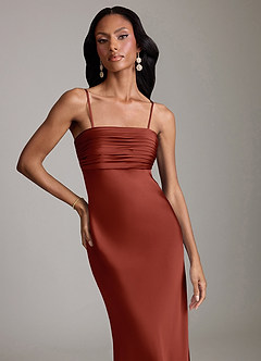 Azazie Saylor Vestidos de damas de honor Vestido de Terracota de Satén Elástico de Corte Sirena con Sin tirantes image3