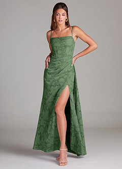 Azazie Denisa Bridesmaid Dresses Eucalyptus Sheath Pleated Floral Burnout Dress image3