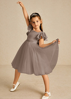 Azazie Kaeya Flower Girl Dresses Taupe A-Line Bow Tulle Dress image2