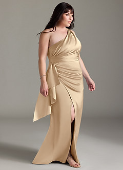 Azazie Maive Robes de demoiselle d'honneur Robe Fourreau en Satin extensible Rayé Champagne image8
