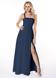 Azazie Jay Bridesmaid Dresses Dark Navy A-Line Square Neckline Side Slit Chiffon Dress image1