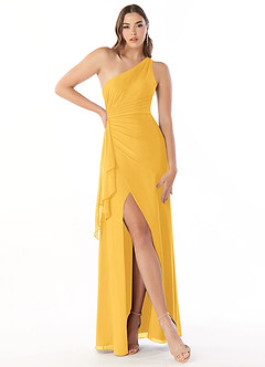 Azazie Maive Bridesmaid Dresses Marigold Sheath Pleated Ruffle Chiffon Dress image1