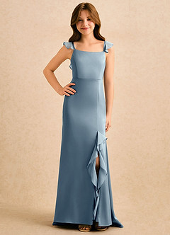 Azazie Novalie Girls Formal 플라워 걸 드레스 인어 보우 스트레치 새틴 플로어 길이 드레스 image4