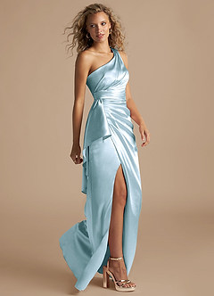 Azazie Maive Bridesmaid Dresses Sky Blue Sheath Ruched Metallic Satin Dress image5