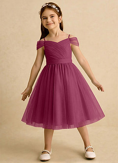 Azazie Lila Girls Formal Flower Girl Dresses Mulberry A-Line Off the Shoulder Tulle Dress image3