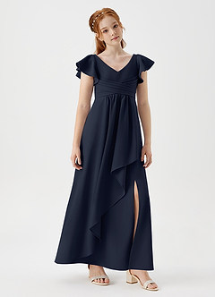 Azazie Omari Junior Dark Navy A-Line Pleated Stretch Crepe Dress image3