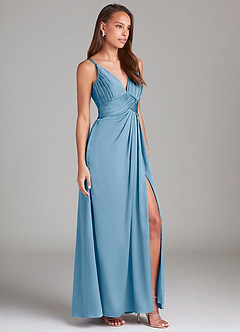 Azazie Maren Allure Abiti da Damigella Abito A-Line in Raso Elasticizzato Pizzo Blu Acciaio image4