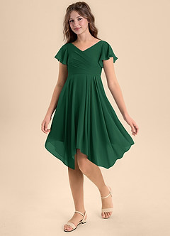 Azazie Janeaurelia Junior Vestido de Verde Oscuro de Gasa de Corte En A con Plisado image3