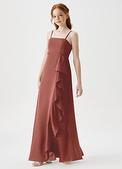 Azazie Kaylee Junior Auburn A-Line with Belt Stretch Satin Dress image4