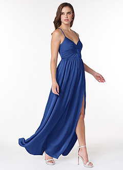 Azazie Raya Bridesmaid Dresses Royal Blue A-Line V-Neck Pleated Stretch Satin Dress image4