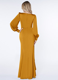 Azazie Raye Robes de demoiselle d'honneur Robe Sirène en Satin extensible Manche longue Caramel écossais image2