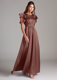 Azazie Daphne Robes de demoiselle d'honneur modestes Robe Trapèze Rayé Longueur ras du sol Satin extensible image5