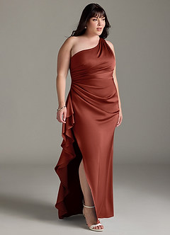 Azazie Latrice Bridesmaid Dresses Terracotta Sheath One Shoulder Cascading Ruffles Stretch Satin Dress image9