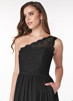 Azazie Demi Vestidos de damas de honor Vestido de Negro de Gasa de Corte en A con Hombro unilateral image5