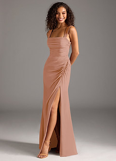 Azazie Jesaphine Bridesmaid Dresses Champagne Rose Sheath Bow Chiffon Dress image1