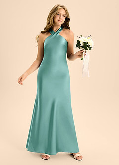 Azazie Doretta Junior Aqua A-Line Pleated Stretch Satin Dress image5