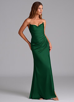 Azazie Claudelle At-home Try On Dresses Dusty Blue Mermaid Strapless Stretch Satin Dress image4