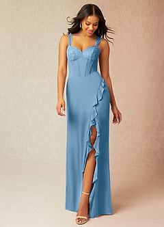 Azazie Camellia Final Sale Steel Blue Sheath Lace Chiffon Dress image1