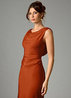 Azazie Kieryn Vestidos de damas de honor Vestido de Naranja Quemada de Satén Elástico de Corte Sirena con Plisado image4