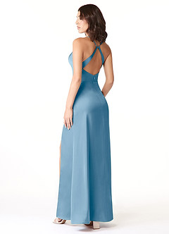 Azazie Geanna Bridesmaid Dresses Steel Blue Sheath V-Neck Pleated Stretch Satin Dress image4
