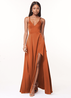 Azazie Maksim Bridesmaid Dresses Cinnamon A-Line V-Neck Stretch Satin Dress image1