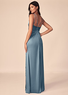 Azazie Aqua Bridesmaid Dresses Dusty Blue A-Line V-Neck Pleated Stretch Satin Dress image5