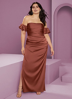Barbie ♥ Azazie Bridesmaid Dresses Auburn Sheath Off the Shoulder Stretch Satin Convertible Dress image10