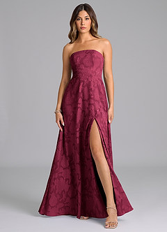 Azazie Wren Bridesmaid Dresses Burgundy A-Line Strapless Floral Burnout Dress image1