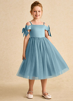 Azazie Amie Flower Girl Dresses Moody Blue A-Line Off the Shoulder Matte Satin Dress image5