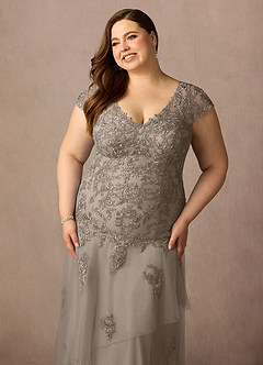 Azazie Romy Mother of the Bride Dresses Taupe Mermaid V-Neck Sequins Tulle Dress image11