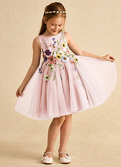 Azazie Prima vestidos de niña de las flores Vestido de Rosa Rubor de Tul de Corte En A con Lazo image3