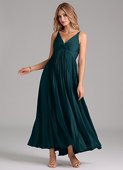 Azazie Raychelle Bridesmaid Dresses Pine A-Line Pleated Stretch Satin Dress image3