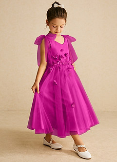 Azazie Minia Flower Girl Dresses Fuchsia A-Line Bow Matte Satin Dress image3