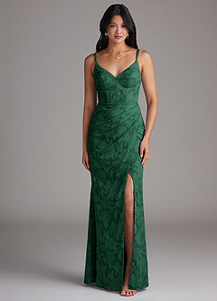 Azazie Leo Robes de demoiselle d'honneur Robe Fourreau en Blumen-Burnout Plissée Vert Foncé image1