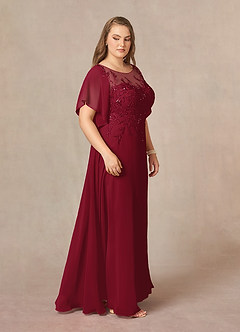 Azazie Faviola vestidos de madre de la novia Vestido de Borgoña de Gasa de Corte En A con Cuello barco lentejuelas image10