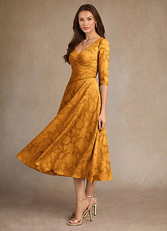 Azazie Durant Kleider für die Brautmutter A-Linie Plissee Blumen-Burnout Kleid Butterscotch image1
