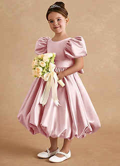 Azazie Jellybean Flower Girl Dresses Powder Pink Ball-Gown Ruched Matte Satin Dress image1