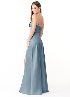 Azazie Halsey Bridesmaid Dresses Dusty Blue Sheath Side Slit Stretch Satin Dress image5