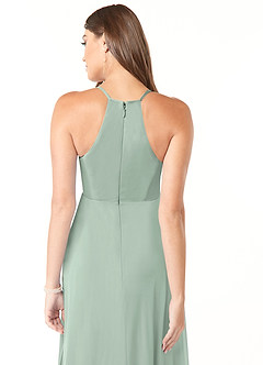 Azazie Annabelle At-home Try On Dresses A-Line V-Neck Pleated Mesh Floor-Length Dress image3